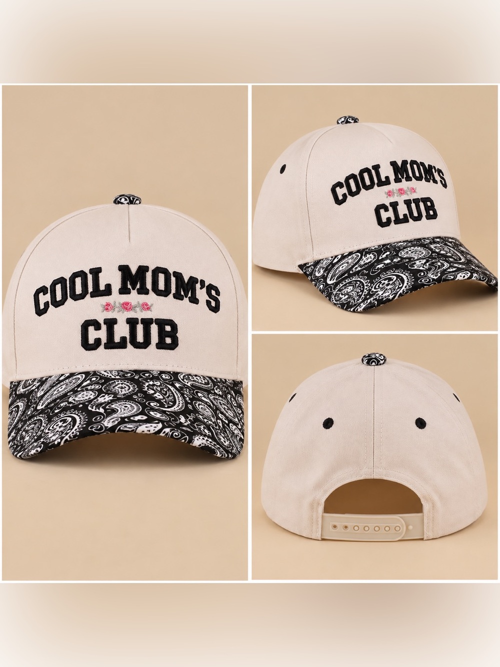 Zenana Cool Moms Club Black Paisley Print Snap Back Baseball Hat NEW Novelty